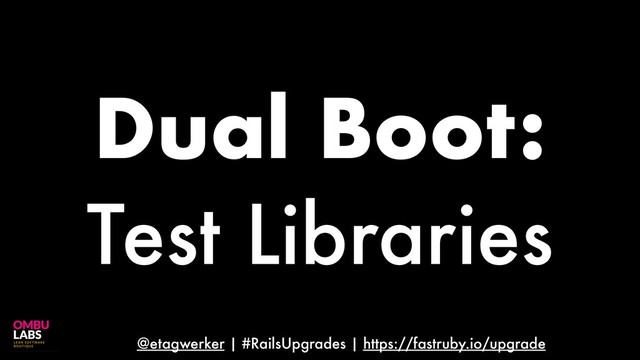 @etagwerker | #RailsUpgrades | https://fastruby.io/upgrade
Dual Boot:
Test Libraries
