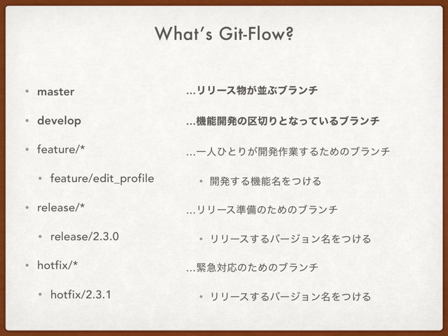 What’s Git-Flow?
• master
• develop
• feature/*
• feature/edit_profile
• release/*
• release/2.3.0
• hotfix/*
• hotfix/2.3.1
…ϦϦʔε෺͕ฒͿϒϥϯν
…ػೳ։ൃͷ۠੾Γͱͳ͍ͬͯΔϒϥϯν
…ҰਓͻͱΓ͕։ൃ࡞ۀ͢ΔͨΊͷϒϥϯν
• ։ൃ͢Δػೳ໊Λ͚ͭΔ
…ϦϦʔε४උͷͨΊͷϒϥϯν
• ϦϦʔε͢Δόʔδϣϯ໊Λ͚ͭΔ
…ۓٸରԠͷͨΊͷϒϥϯν
• ϦϦʔε͢Δόʔδϣϯ໊Λ͚ͭΔ
