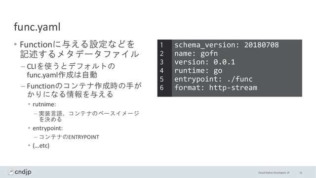 Cloud Native Developers JP
func.yaml
• Functionに与える設定などを
記述するメタデータファイル
– CLIを使うとデフォルトの
func.yaml作成は自動
– Functionのコンテナ作成時の手が
かりになる情報を与える
• rutnime:
– 実装言語。コンテナのベースイメージ
を決める
• entrypoint:
– コンテナのENTRYPOINT
• (…etc)
11
schema_version: 20180708
name: gofn
version: 0.0.1
runtime: go
entrypoint: ./func
format: http-stream
1
2
3
4
5
6

