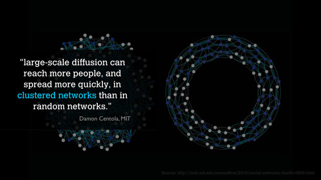 “large-scale diffusion can
reach more people, and
spread more quickly, in
clustered networks than in
random networks.”
Damon Centola, MIT
Source: http://web.mit.edu/newsoffice/2010/social-networks-health-0903.html
