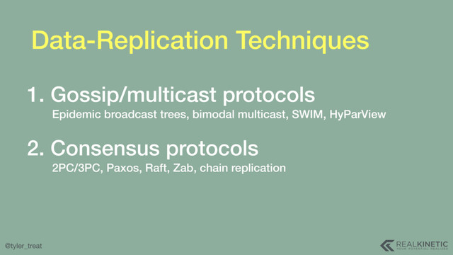 @tyler_treat
Data-Replication Techniques
1. Gossip/multicast protocols
Epidemic broadcast trees, bimodal multicast, SWIM, HyParView 
2. Consensus protocols
2PC/3PC, Paxos, Raft, Zab, chain replication
