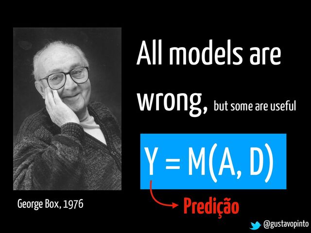 @gustavopinto
All models are
wrong, but some are useful
George Box, 1976
Y = M(A, D)
Predição
