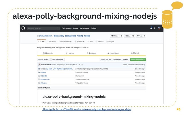25
alexa-polly-background-mixing-nodejs
https://github.com/DanMittendorf/alexa-polly-background-mixing-nodejs/
