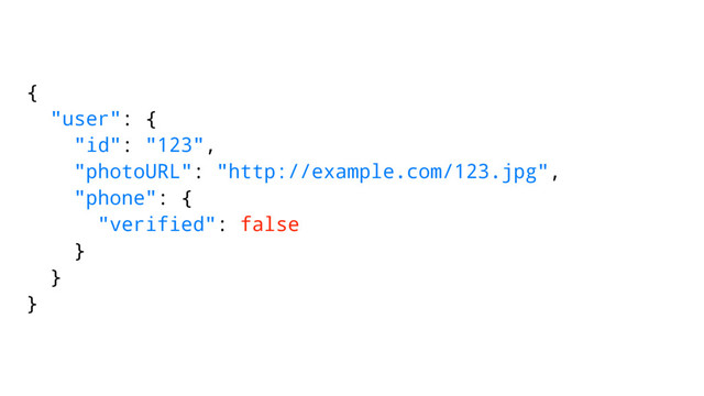 {
"user": {
"id": "123",
"photoURL": "http://example.com/123.jpg",
"phone": {
"verified": false
}
}
}
