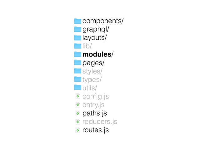 components/
graphql/ 
layouts/
lib/
modules/
pages/
styles/
types/
utils/ 
conﬁg.js
entry.js
paths.js
reducers.js
routes.js
