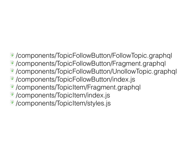 /components/TopicFollowButton/FollowTopic.graphql
/components/TopicFollowButton/Fragment.graphql
/components/TopicFollowButton/UnollowTopic.graphql
/components/TopicFollowButton/index.js
/components/TopicItem/Fragment.graphql
/components/TopicItem/index.js
/components/TopicItem/styles.js
