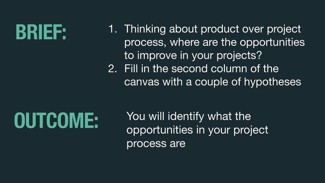 1. Thinking about product over project
process, where are the opportunities
to improve in your projects?

2. Fill in the second column of the
canvas with a couple of hypotheses
BRIEF:
OUTCOME: You will identify what the
opportunities in your project
process are
