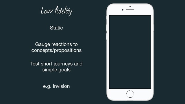 Static
Gauge reactions to
concepts/propositions
Test short journeys and
simple goals
e.g. Invision
Low fidelity
