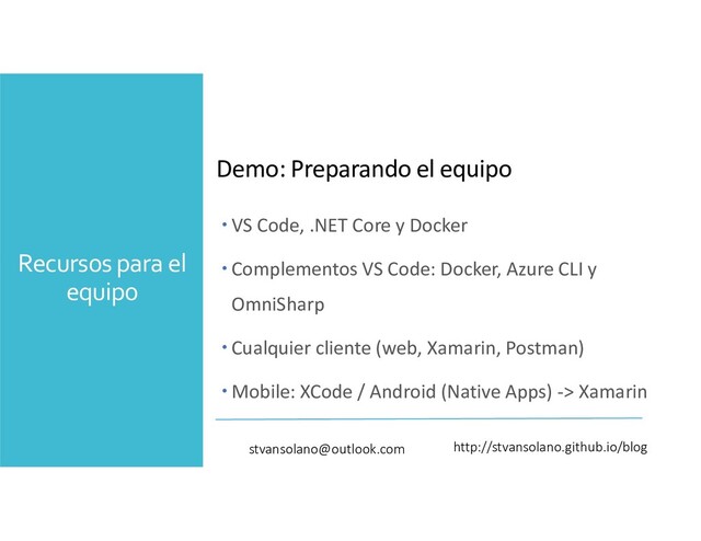 Recursos para el
equipo
Demo: Preparando el equipo
http://stvansolano.github.io/blog
stvansolano@outlook.com
 VS Code, .NET Core y Docker
 Complementos VS Code: Docker, Azure CLI y
OmniSharp
 Cualquier cliente (web, Xamarin, Postman)
 Mobile: XCode / Android (Native Apps) -> Xamarin
