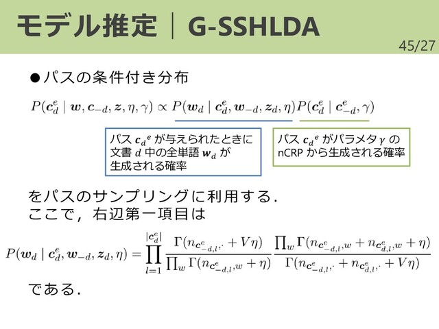 /27
モデル推定｜G-SSHLDA
45
をパスのサンプリング に利 用す る．
ここで，右辺第一項目 は
●パスの条件付き分布
パス 
 が与えられたときに
文書  中の全単語 
が
生成される確率
パス 
 がパラメタ  の
nCRP から生成される確率
である．
