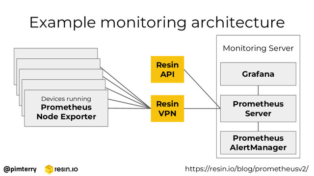@pimterry
Devices running
Prometheus
Node Exporter
Monitoring Server
Grafana
Prometheus
Server
Resin
VPN
Resin
API
Example monitoring architecture
https://resin.io/blog/prometheusv2/
Prometheus
AlertManager
