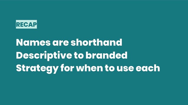 RECAP
Names are shorthand
Descriptive to branded
Strategy for when to use each
