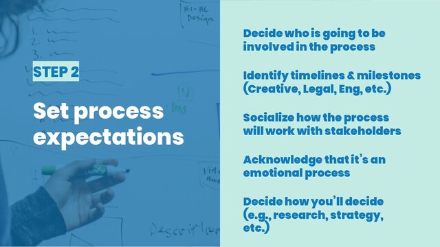 STEP 2
Set process
expectations
Decide who is going to be
involved in the process
Identify timelines & milestones
(Creative, Legal, Eng, etc.)
Socialize how the process
will work with stakeholders
Acknowledge that it’s an
emotional process
Decide how you’ll decide
(e.g., research, strategy,
etc.)

