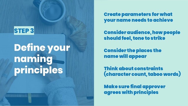 STEP 3
Define your
naming
principles
Create parameters for what
your name needs to achieve
Consider audience, how people
should feel, tone to strike
Consider the places the
name will appear
Think about constraints
(character count, taboo words)
Make sure final approver
agrees with principles
