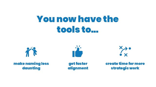 You now have the
tools to...
create time for more
strategic work
get faster
alignment
make naming less
daunting
