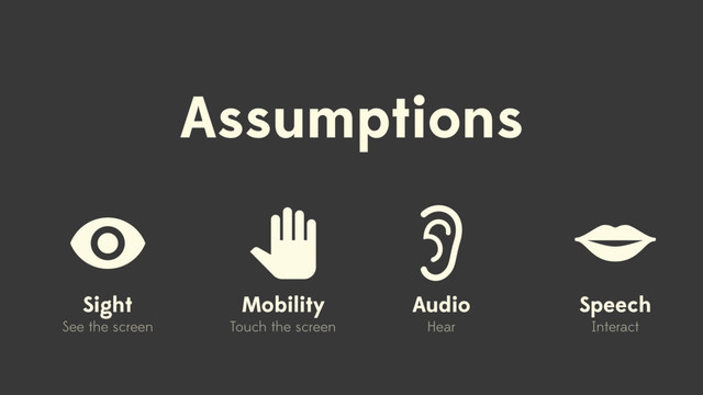 Assumptions
Sight
See the screen
Mobility
Touch the screen
Audio
Hear
Speech
Interact
