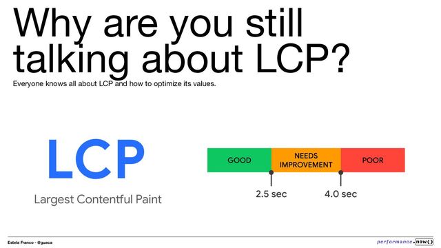 Estela Franco - @guaca
Why are you still
talking about LCP?
Everyone knows all about LCP and how to optimize its values.
