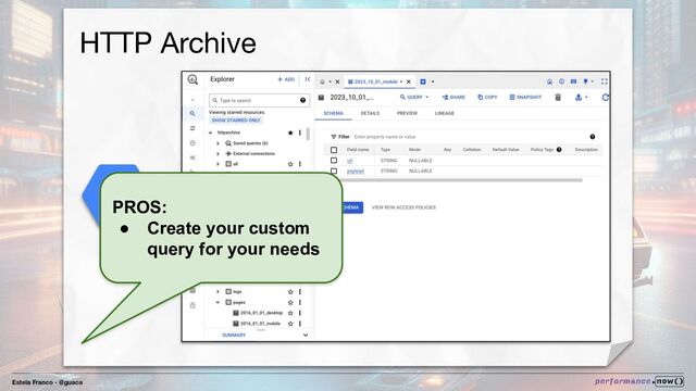 Estela Franco - @guaca
HTTP Archive
PROS:
● Create your custom
query for your needs

