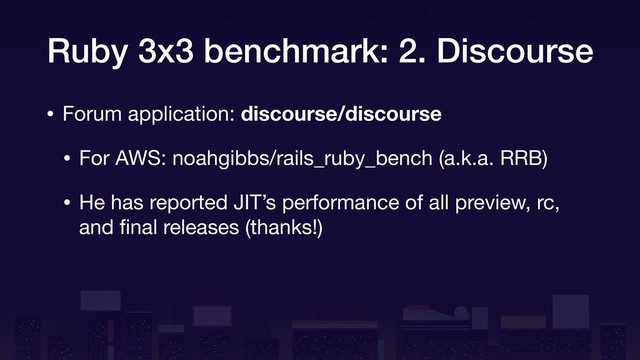 Ruby 3x3 benchmark: 2. Discourse
• Forum application: discourse/discourse
• For AWS: noahgibbs/rails_ruby_bench (a.k.a. RRB)

• He has reported JIT’s performance of all preview, rc,
and ﬁnal releases (thanks!)
