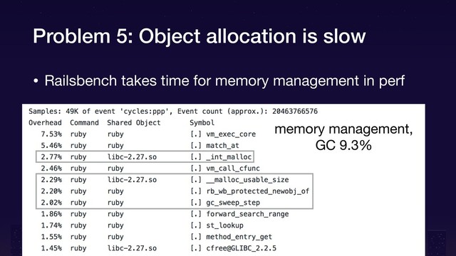 Problem 5: Object allocation is slow
• Railsbench takes time for memory management in perf
memory management,

GC 9.3%
