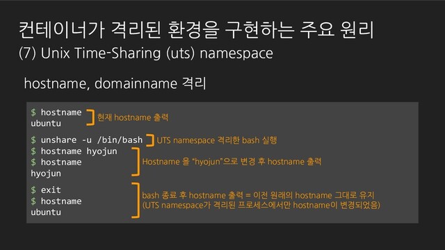 $ hostname
ubuntu
$ unshare -u /bin/bash
$ hostname hyojun
$ hostname
hyojun
$ exit
$ hostname
ubuntu
UTS namespace 격리한 bash 실행
Hostname 을 “hyojun”으로 변경 후 hostname 출력
bash 종료 후 hostname 출력 = 이전 원래의 hostname 그대로 유지
(UTS namespace가 격리된 프로세스에서만 hostname이 변경되었음)
현재 hostname 출력
hostname, domainname 격리
컨테이너가 격리된 환경을 구현하는 주요 원리
(7) Unix Time-Sharing (uts) namespace
