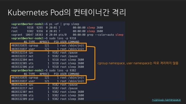 Kubernetes Pod의 컨테이너간 격리
cgroup namespace, user namespace는 따로 격리하지 않음
*cgroup namespace
