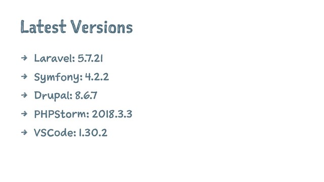 Latest Versions
4 Laravel: 5.7.21
4 Symfony: 4.2.2
4 Drupal: 8.6.7
4 PHPStorm: 2018.3.3
4 VSCode: 1.30.2
