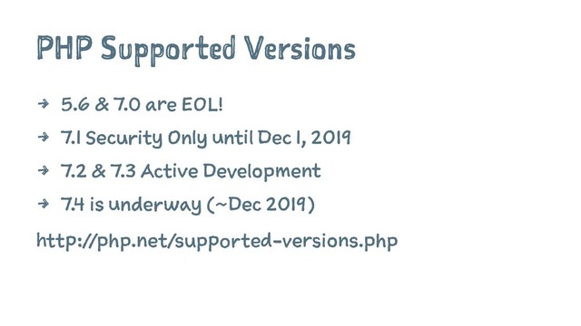 PHP Supported Versions
4 5.6 & 7.0 are EOL!
4 7.1 Security Only until Dec 1, 2019
4 7.2 & 7.3 Active Development
4 7.4 is underway (~Dec 2019)
http://php.net/supported-versions.php
