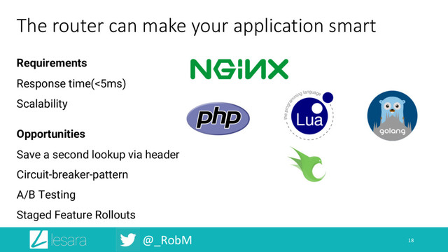 @_RobM
The router can make your application smart
18
Requirements
Response time(<5ms)
Scalability
Opportunities
Save a second lookup via header
Circuit-breaker-pattern
A/B Testing
Staged Feature Rollouts
