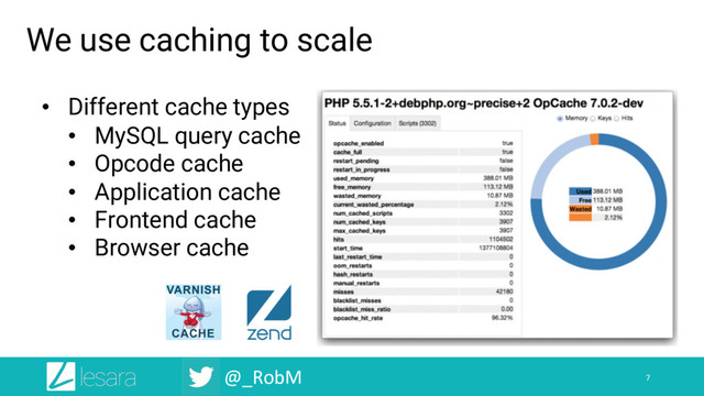 @_RobM
We use caching to scale
7
• Different cache types
• MySQL query cache
• Opcode cache
• Application cache
• Frontend cache
• Browser cache
