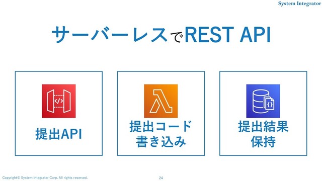 24
Copyright© System Integrator Corp. All rights reserved.
System Integrator
提出API
提出コード
書き込み
提出結果
保持
サーバーレスでREST API
