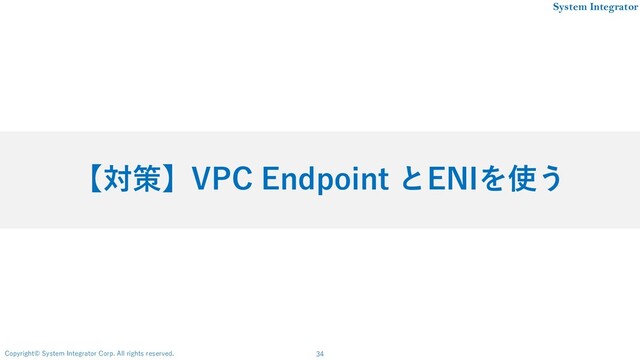 34
Copyright© System Integrator Corp. All rights reserved.
System Integrator
【対策】VPC Endpoint とENIを使う
