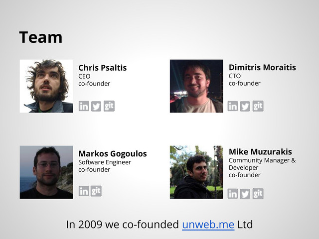 Chris Psaltis
CEO
co-founder
Team
Dimitris Moraitis
CTO
co-founder
In 2009 we co-founded unweb.me Ltd
Mike Muzurakis
Community Manager &
Developer
co-founder
Markos Gogoulos
Software Engineer
co-founder
