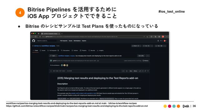 36
Bitrise Pipelines を活用するために
iOS App プロジェクトでできること
● Bitrise のレシピサンプルは Test Plans を使ったものになっている
4 #ios_test_online
workflow-recipes/ios-merging-test-results-and-deploying-to-the-test-reports-add-on.md at main · bitrise-io/workflow-recipes
https://github.com/bitrise-io/workflow-recipes/blob/main/recipes/ios-merging-test-results-and-deploying-to-the-test-reports-add-on.md
