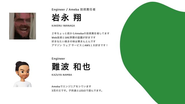 ؠӬ ᠳ
Engineer / Ameba ٕज़੹೚ऀ
KAKERU IWANAGA
̎೥ͪΐͬͱલ͔ΒAmebaͷٕज़੹೚ऀͯ͠·͢


Webٕज़ͱSREք۾ͷ࿩୊͕޷͖Ͱ͢


޷͖ͳ͍ͨম͖ͷຯ͸܀͖ΜͱΜͰ͢


ΞϚκϯ ΢Σϒ αʔϏε ( AWS ) େ޷͖Ͱ͢ʂ
೉೾ ࿨໵
Engineer
KAZUYA NAMBA
AmebaͰΤϯδχΞΛγ͍ͯ·͢


3ࣇͷ෕Ͱ͢ɻࢠڙୡͱLEGOͰ༡ΜͰ·͢ɻ
