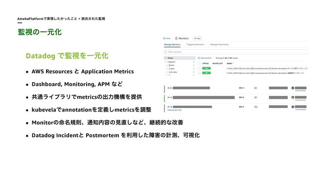 AmebaPlatformͰ࣮ݱ͔ͨͬͨ͜͠ͱ > ౷߹͞Εͨ؂ࢹ
؂ࢹͷҰݩԽ
Datadog Ͱ؂ࢹΛҰݩԽ


• AWS Resources ͱ Application Metrics


• Dashboard, Monitoring, APM ͳͲ


• ڞ௨ϥΠϒϥϦͰmetricsͷग़ྗػߏΛఏڙ


• kubevelaͰannotationΛఆٛ͠metricsΛௐ੔


• Monitorͷ໋໊نଇɺ௨஌಺༰ͷݟ௚͠ͳͲɺܧଓతͳվળ


• Datadog Incidentͱ Postmortem Λར༻ͨ͠ো֐ͷܭଌɺՄࢹԽ
