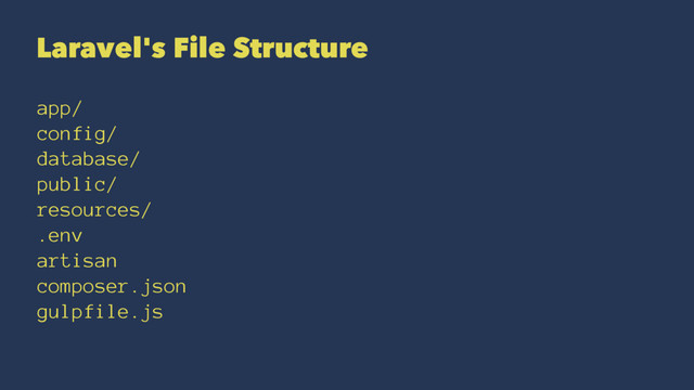 Laravel's File Structure
app/
config/
database/
public/
resources/
.env
artisan
composer.json
gulpfile.js

