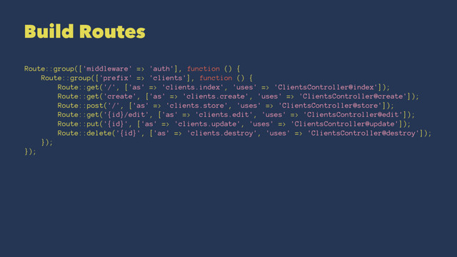 Build Routes
Route::group(['middleware' => 'auth'], function () {
Route::group(['prefix' => 'clients'], function () {
Route::get('/', ['as' => 'clients.index', 'uses' => 'ClientsController@index']);
Route::get('create', ['as' => 'clients.create', 'uses' => 'ClientsController@create']);
Route::post('/', ['as' => 'clients.store', 'uses' => 'ClientsController@store']);
Route::get('{id}/edit', ['as' => 'clients.edit', 'uses' => 'ClientsController@edit']);
Route::put('{id}', ['as' => 'clients.update', 'uses' => 'ClientsController@update']);
Route::delete('{id}', ['as' => 'clients.destroy', 'uses' => 'ClientsController@destroy']);
});
});
