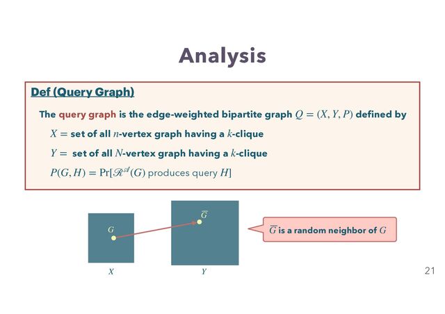 Analysis
21
Def (Query Graph)
The query graph is the edge-weighted bipartite graph defined by
set of all -vertex graph having a -clique
set of all -vertex graph having a -clique
produces query
Q = (X, Y, P)
X = n k
Y = N k
P(G, H) = Pr[ℛ
𝒜
(G) H]
X Y
G
G
is a random neighbor of
G G

