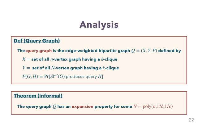 Analysis
22
Def (Query Graph)
The query graph is the edge-weighted bipartite graph defined by
set of all -vertex graph having a -clique
set of all -vertex graph having a -clique
produces query
Q = (X, Y, P)
X = n k
Y = N k
P(G, H) = Pr[ℛ
𝒜
(G) H]
Theorem (informal)
The query graph has an expansion property for some
Q N = poly(n,1/δ,1/ϵ)
