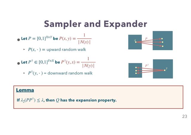 Sampler and Expander
23
•Let be


‣ upward random walk


•Let be


‣ = downward random walk
P = [0,1]X×Y P(x, y) =
1
|N(x)|
P(x, ⋅ ) =
P† ∈ [0,1]Y×X P†(y, x) =
1
|N(y)|
P†(y, ⋅ )
If , then has the expansion property.
λ2
(PP†) ≤ λ Q
Lemma
x P
y
P†

