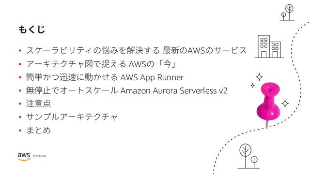 • AWS
• AWS
• AWS App Runner
• Amazon Aurora Serverless v2
•
•
•
