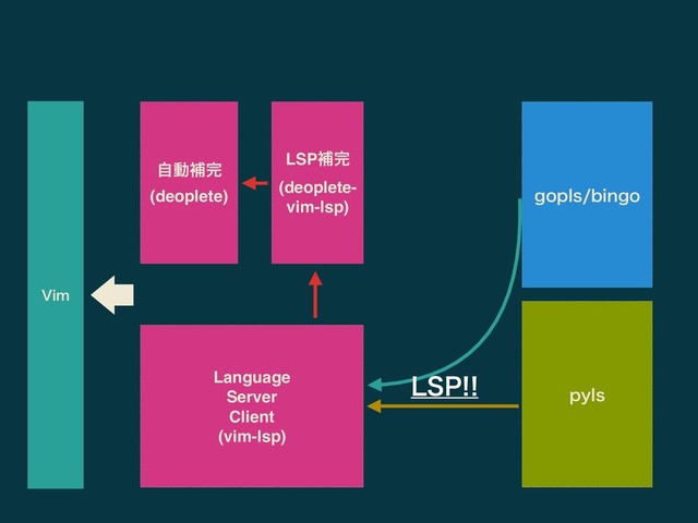 ࣗಈิ׬
(deoplete)
LSPิ׬
(deoplete-
vim-lsp)
QZMT
HPQMTCJOHP
Language
Server
Client
(vim-lsp)
7JN
-41
