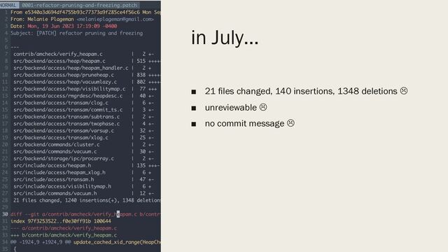 in July…
■ 21 files changed, 140 insertions, 1348 deletions L
■ unreviewable L
■ no commit message L
