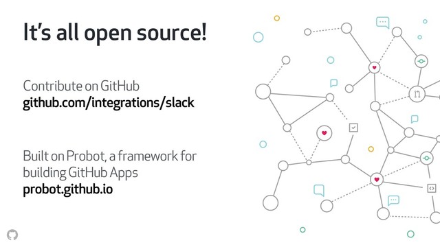 It’s all open source!
Contribute on GitHub 
github.com/integrations/slack
Built on Probot, a framework for
building GitHub Apps 
probot.github.io
