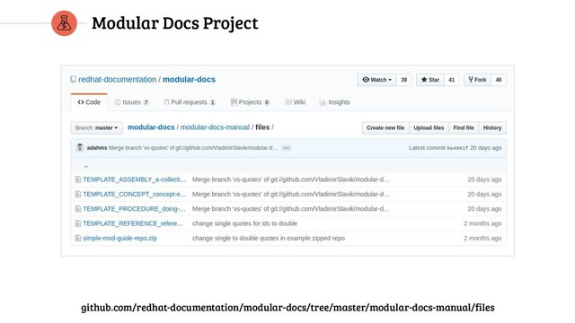 Modular Docs Project
github.com/redhat-documentation/modular-docs/tree/master/modular-docs-manual/files
