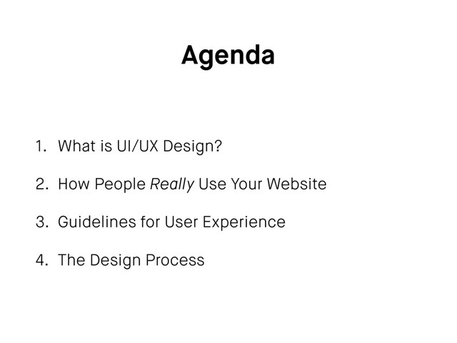 Agenda
1. What is UI/UX Design?
2. How People Really Use Your Website
3. Guidelines for User Experience
4. The Design Process
