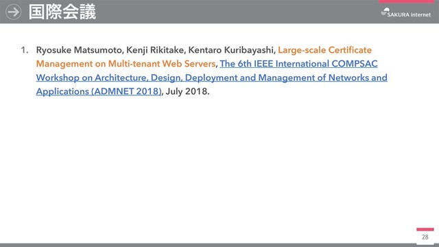 28
1. Ryosuke Matsumoto, Kenji Rikitake, Kentaro Kuribayashi, Large-scale Certiﬁcate
Management on Multi-tenant Web Servers, The 6th IEEE International COMPSAC
Workshop on Architecture, Design, Deployment and Management of Networks and
Applications (ADMNET 2018), July 2018.
ࠃࡍձٞ
