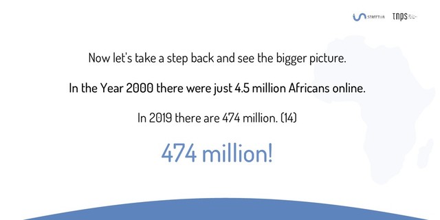 Now let's take a step back and see the bigger picture.
In the Year 2000 there were just 4.5 million Africans online.
In 2019 there are 474 million. (14)
474 million!
