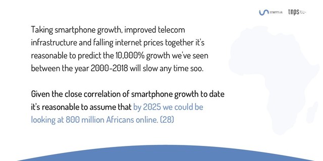 Taking smartphone growth, improved telecom
infrastructure and falling internet prices together it's
reasonable to predict the 10,000% growth we've seen
between the year 2000-2018 will slow any time soo.
Given the close correlation of smartphone growth to date
it's reasonable to assume that by 2025 we could be
looking at 800 million Africans online. (28)
